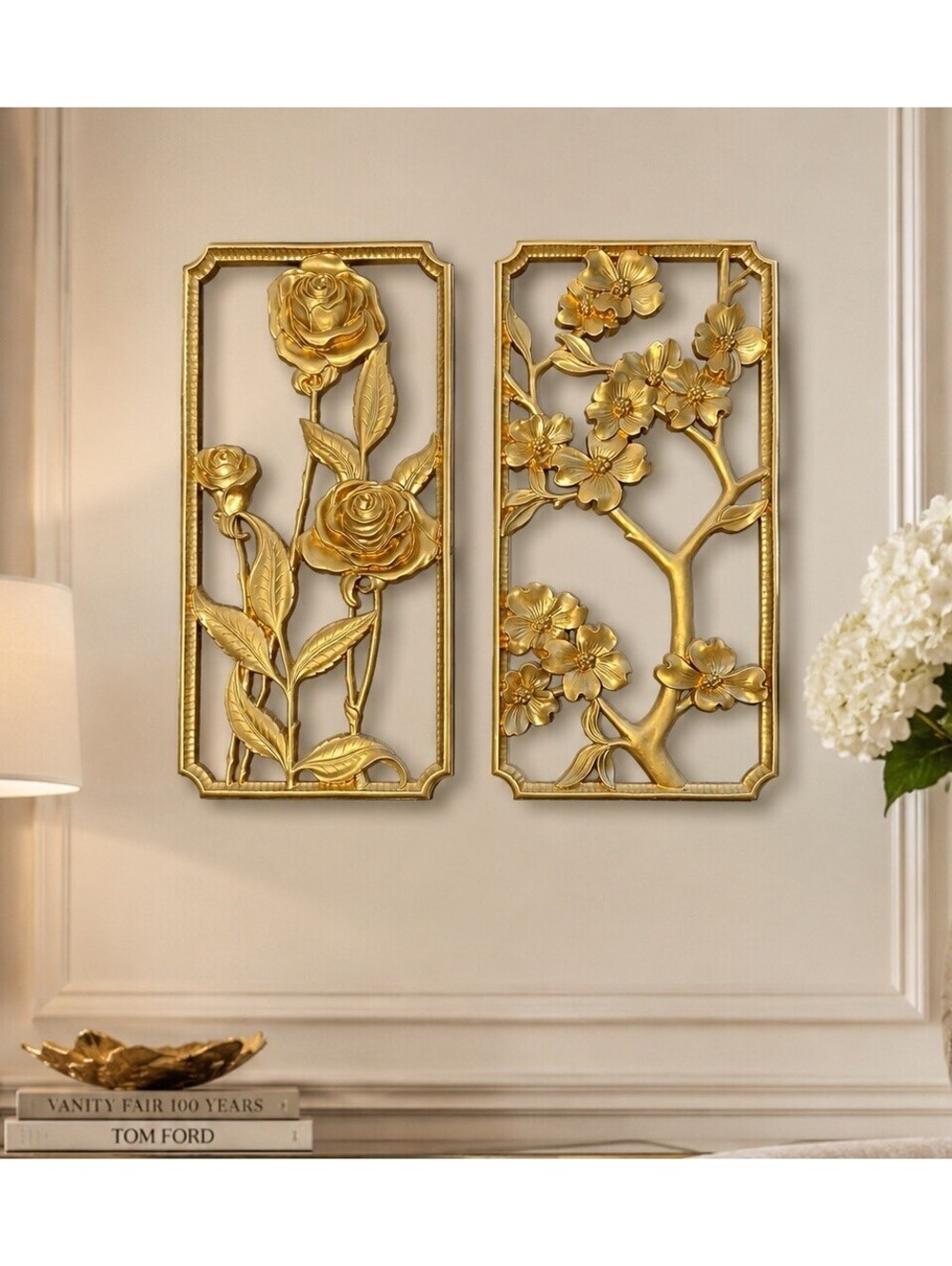 Syroco Wood 1960s Set Of 2 Rose Dogwood Gold Wall Plaques Decor, 6x12”